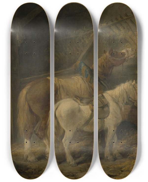 Triptych art skateboard deck of George Morland A Carriers Stable by George Morland (1763-1804)