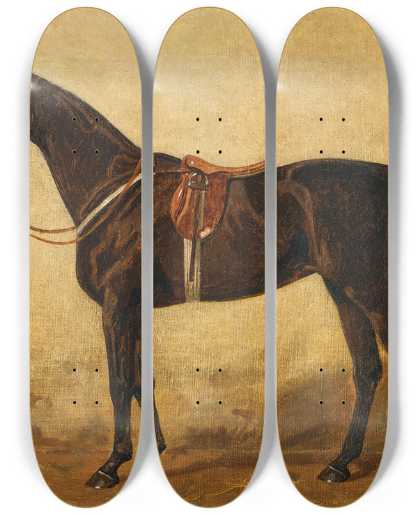 Triptych art skateboard deck of Emil Volkers A Bay Horse In A Stable_3 by Emil Volkers (1831-1905)