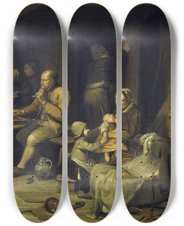 Triptych art skateboard deck of Egbert Van Heemskerck An Inn With Backgammon Players by Egbert Van Heemskerck (1634-1704)