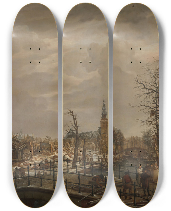 Triptych art skateboard deck of Carel Lodewijk Hansen The Rapenburg In Leiden by Carel Lodewijk Hansen (1765-1840)
