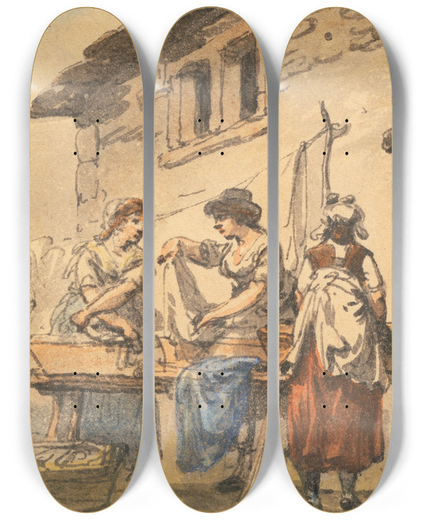 Triptych art skateboard deck of Julius Caesar Ibbetson Washing With Ashes by Julius Caesar Ibbetson (1759-1817)