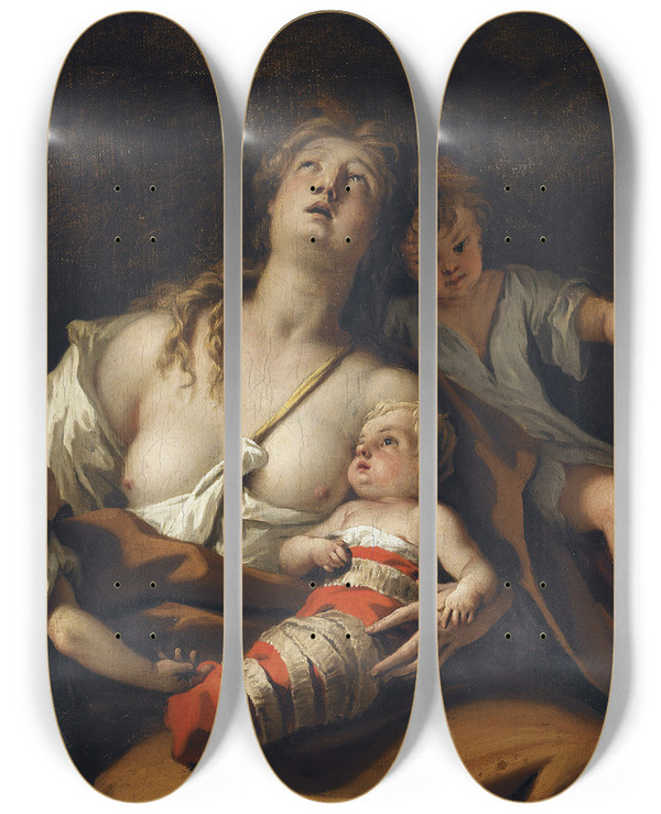 Triptych art skateboard deck of Sebastiano Ricci Charity by Sebastiano Ricci (1659-1734)