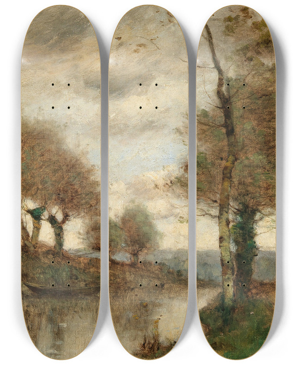 Triptych art skateboard deck of Paul Dsir Trouillebert Returning Home Along The River by Paul Desire Trouillebert (1829-1900)