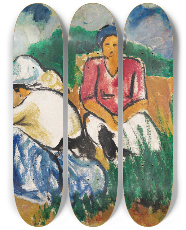 Triptych art skateboard deck of Arthur Segal Frauen Im Feld by Arthur Segal (1875-1944)