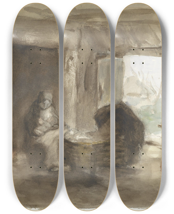 Triptych art skateboard deck of Albert Neuhuys Vrouw Met Kind Bij Een Wieg by Albert Neuhuys (1844-1914)