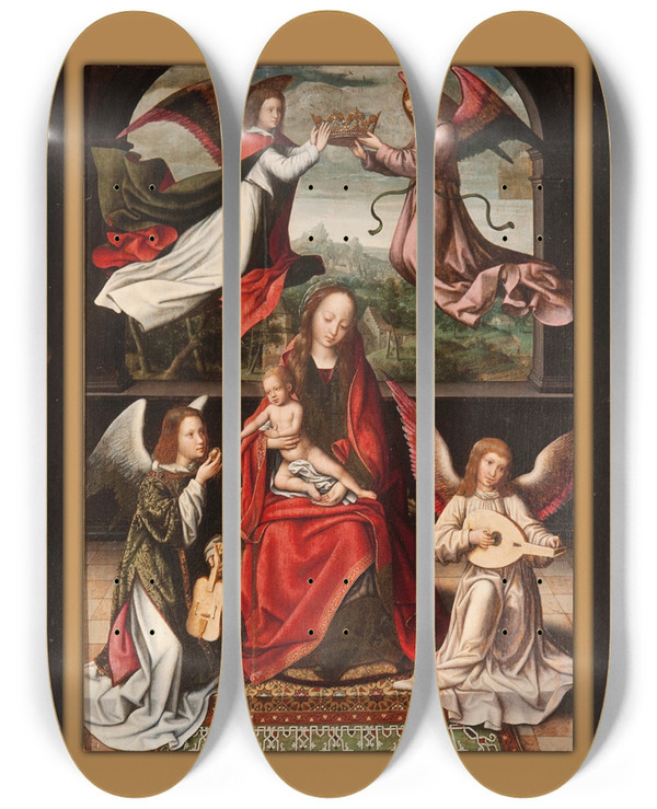 Triptych art skateboard deck of Marcellus Coffermans Triptych Of The Coronation Of The Virgin by Marcellus Coffermans (1520-1578)