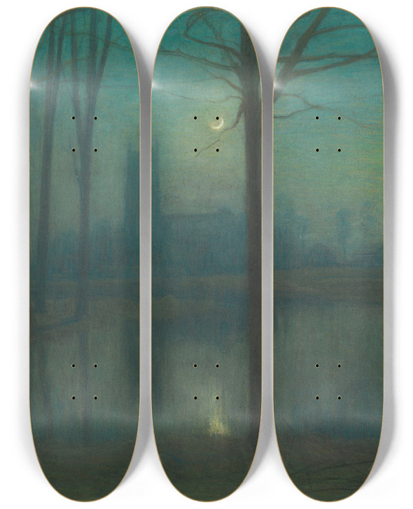 Triptych art skateboard deck of Charles Mertens Evening In Royston by Charles Mertens (1865-1919)