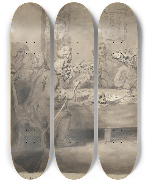 Triptych art skateboard deck of Samuel Collings A Querulous Committee Meeting by Samuel Collings (1784-1789)