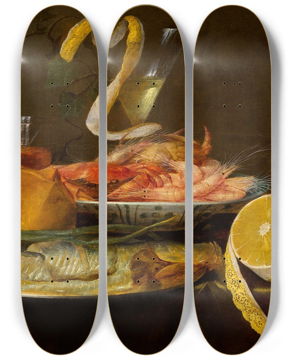 Triptych art skateboard deck of Joris Van Son Tabletop Still Life Including A Herring On A Pewter Dish A Porcelain Bowl Of Shrimp A Wine Glass And A Partiallypeeled Lemon by Joris Van Son (1623-1667)