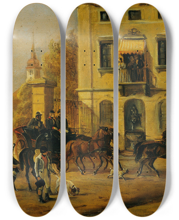 Triptych art skateboard deck of Anton Hermann Kowalsky Ausfahrt by Anton Hermann Kowalsky (1813-1913)