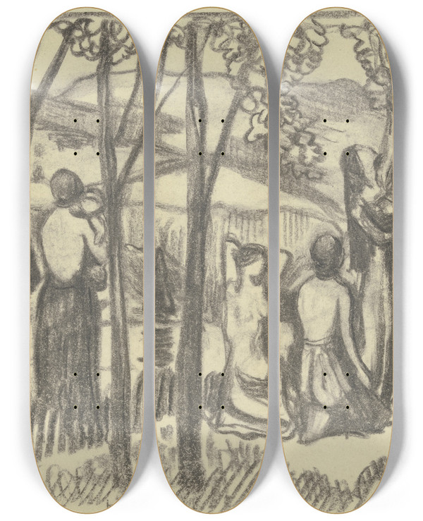 Triptych art skateboard deck of Ludwig Von Hofmann Kniende Frauen Und Obstflckerin by Ludwig Von Hofmann (1861-1945)