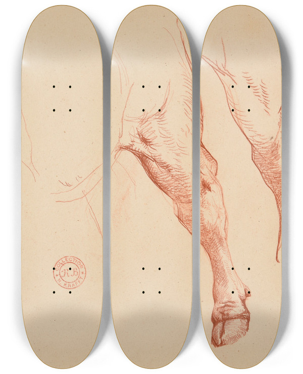 Triptych art skateboard deck of Jacquesraymond Brascassat Tude De Pattes De Bovid by Jacques Raymond Brascassat (1804-1867)