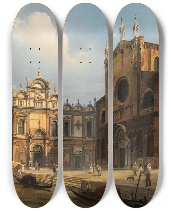 Triptych art skateboard deck of Luigi Querena Venice Campo Santi Giovanni E Paolo With The Zanipolo Church And The Scuola Grande Di San Marco by Luigi Querena (1820-1887)