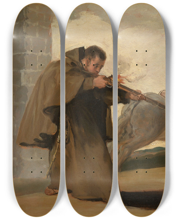 Triptych art skateboard deck of Francisco De Goya Friar Pedro Shoots El Maragato As His Horse Runs Off by Francisco de Goya (1746-1828)