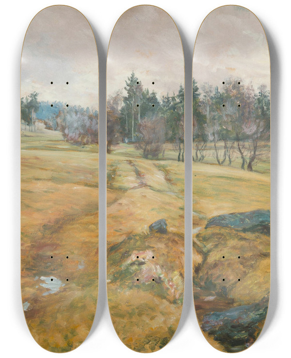 Triptych art skateboard deck of Frantiek Kavn A Wet Winter by Frantisek Kavan (1866-1841)