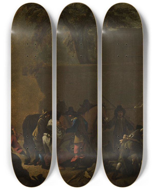 Triptych art skateboard deck of Jean Tassel Assault On Travellers by Jean Tassel (1608-1667)