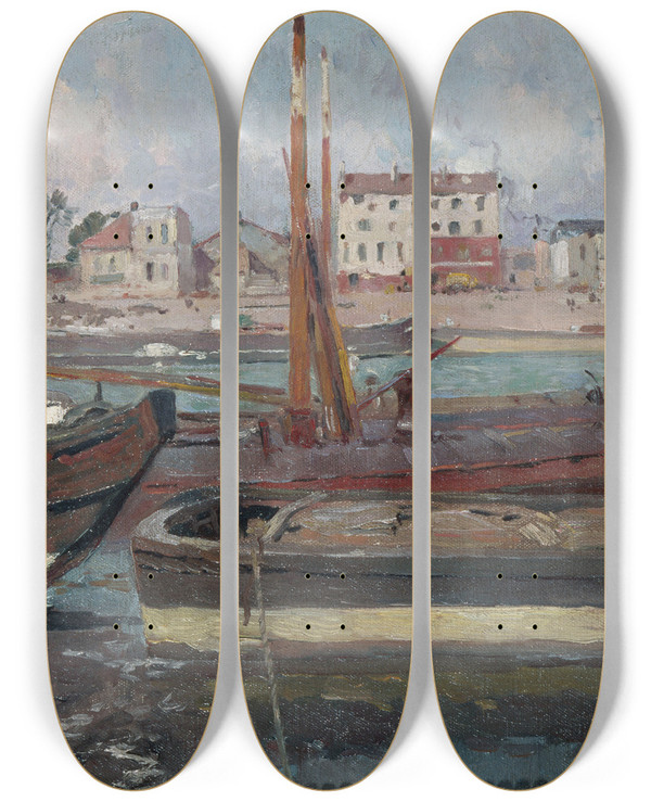 Triptych art skateboard deck of Auguste Louis Lepre La Seine Au Quai De La Rape by Auguste Louis Lepere (1849-1918)