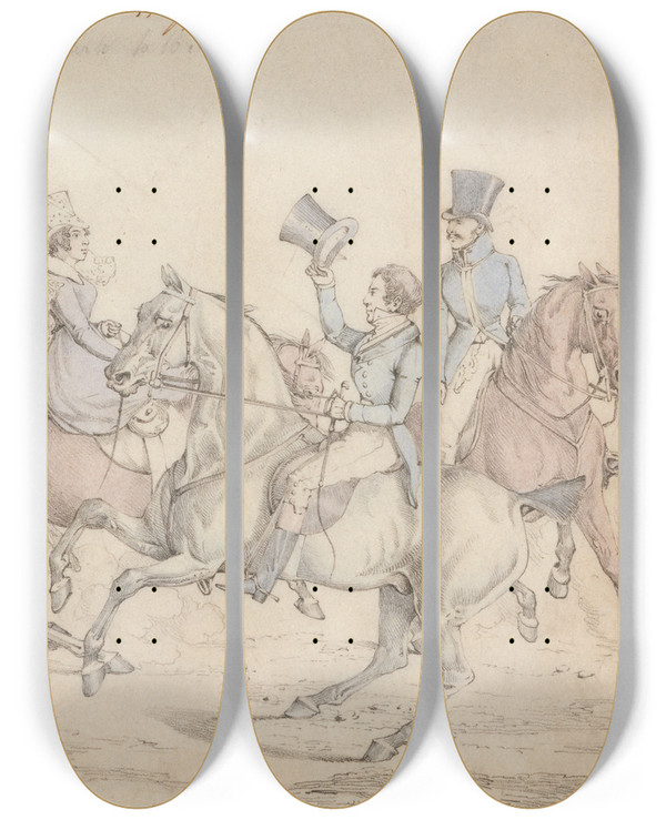 Triptych art skateboard deck of Henry Thomas Alken Morning Ride by Henry Thomas Alken (1785-1851)