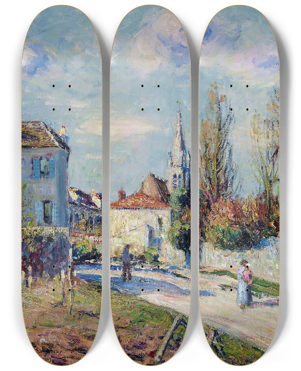 Triptych art skateboard deck of Gustave Loiseau Le Village De Mareil by Gustave Loiseau (1865-1935)
