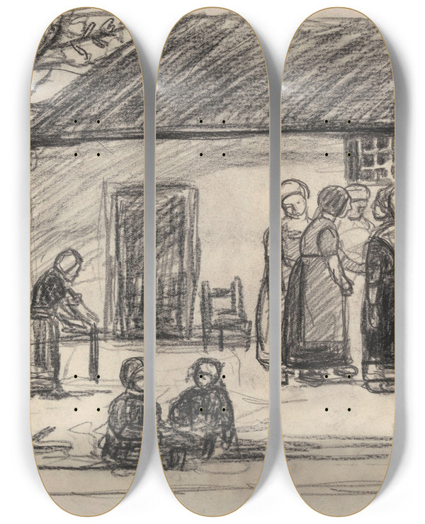 Triptych art skateboard deck of Jakob Smits Women And Children At The Farm by Jakob Smits (1855-1928)