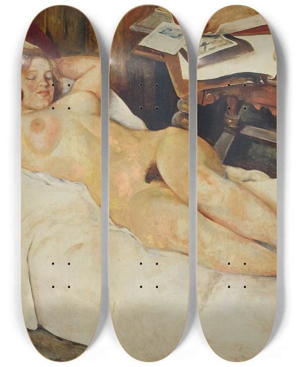 Triptych art skateboard deck of Willy Jaeckel Liegender Weiblicher Akt by Willy Jaeckel (1888-1944)
