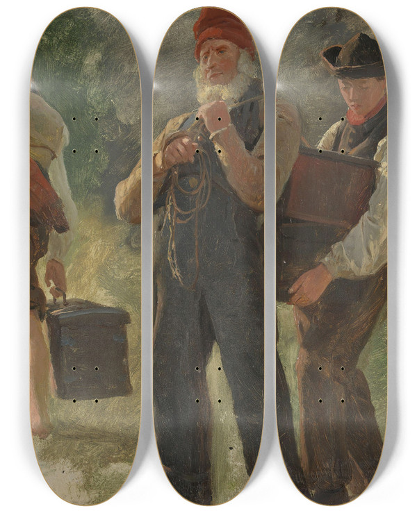 Triptych art skateboard deck of Anders Askevold Study Of Carrying Farmers by Anders Askevold (1834-1900)