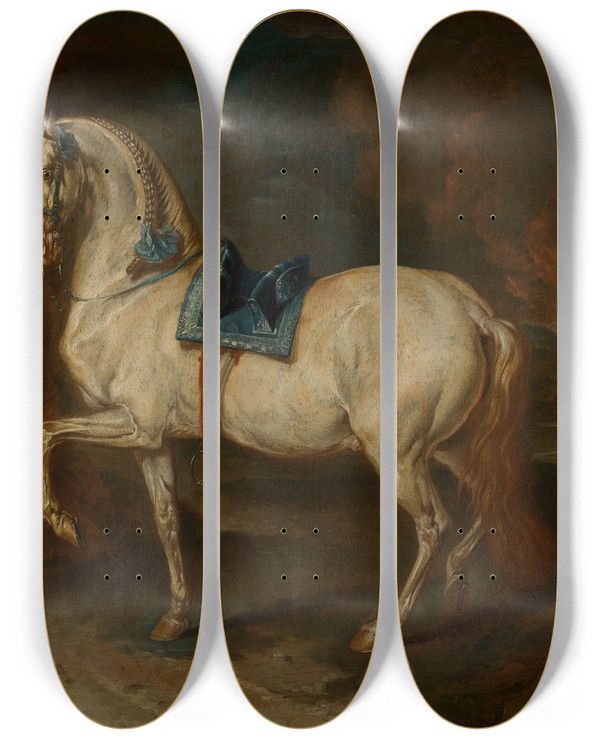 Triptych art skateboard deck of Johann Elias Ridinger Stallmeister Mit Schimmel by Johann Elias Ridinger (1698-1767)
