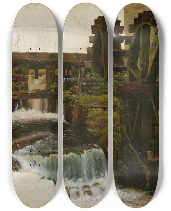 Triptych art skateboard deck of Adolph Tidemand Millstream by Adolph Tidemand (1814-1876)