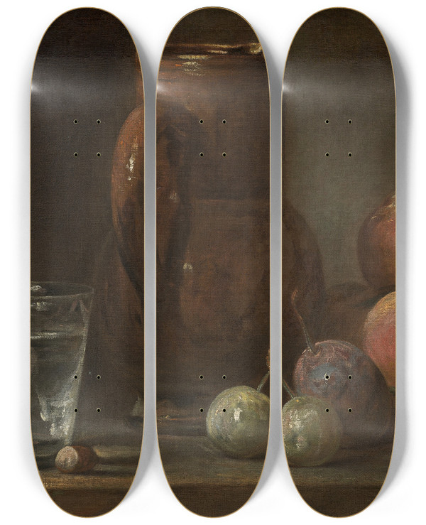 Triptych art skateboard deck of Jean Simon Chardin Fruitjug And A Glass by Jean Simeon Chardin (1699-1779)