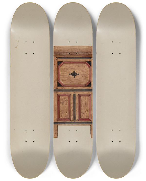 Triptych art skateboard deck of Martin Partyka Two Drawer Sunflower Chest Side View by Martin Partyka