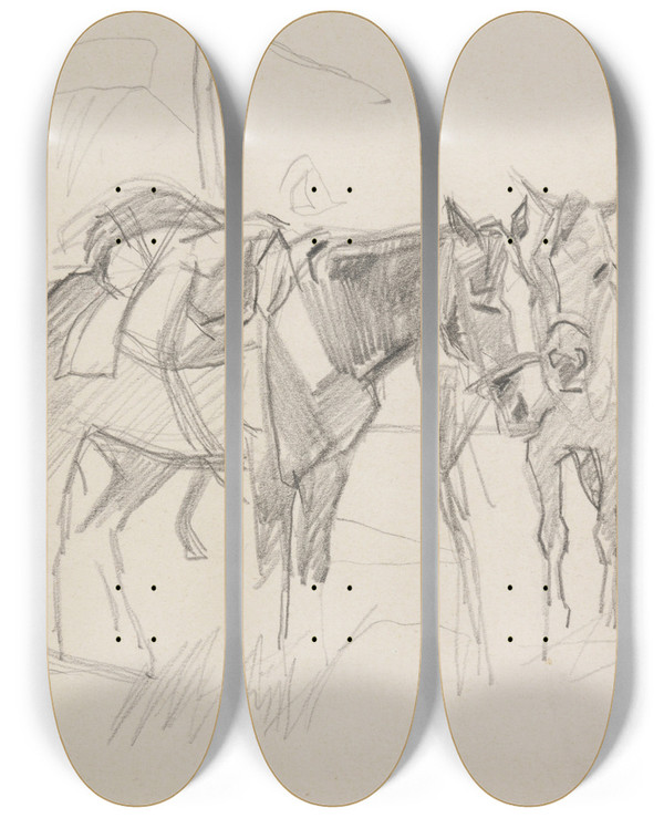 Triptych art skateboard deck of Ivan Ivanec Onierz Przy Osiodanych Koniach by Ivan Ivanec (1893-1946)