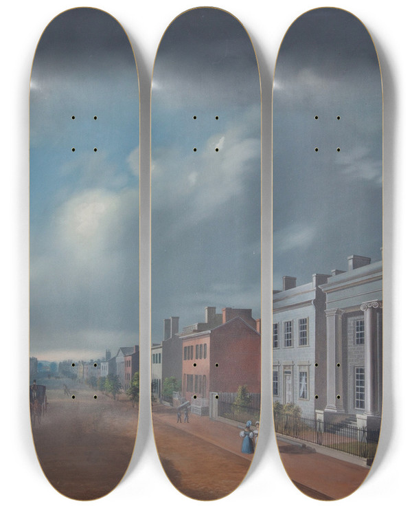 Triptych art skateboard deck of John Caspar Wild Fourth Street East From Vine by John Caspar Wild (1804-1846)