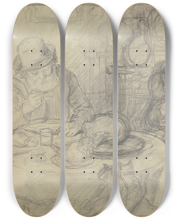 Triptych art skateboard deck of Otto Scholderer Mann Am Esstisch Mit Kind Und Katze by Otto Scholderer (1834-1902)