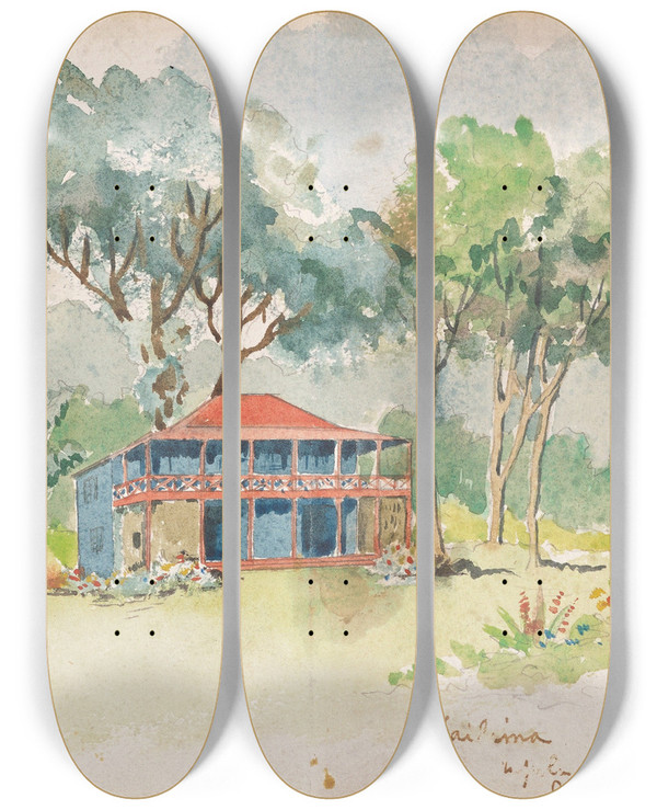 Triptych art skateboard deck of Robert Louis Stevenson Vailima by Robert Louis Stevenson (1850-1894)