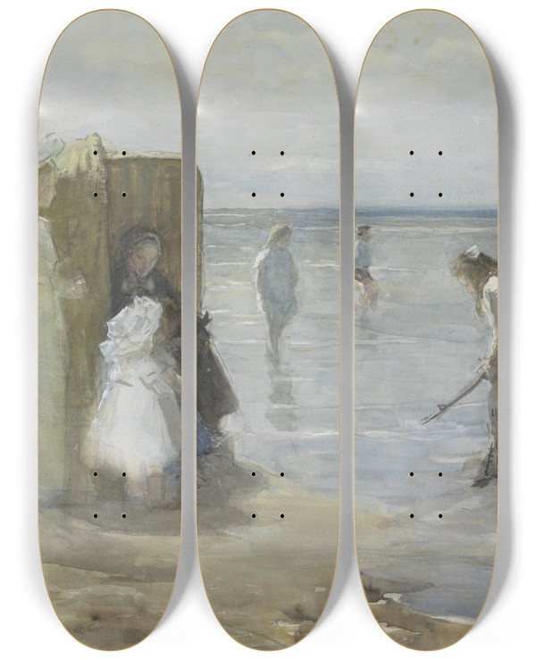 Triptych art skateboard deck of Johan Antonie De Jonge Gezicht Langs De Vloedlijn Aan Het Scheveningse Strand Met Twee Dames En Kinderen by Johan Antonie De Jonge (1864-1927)
