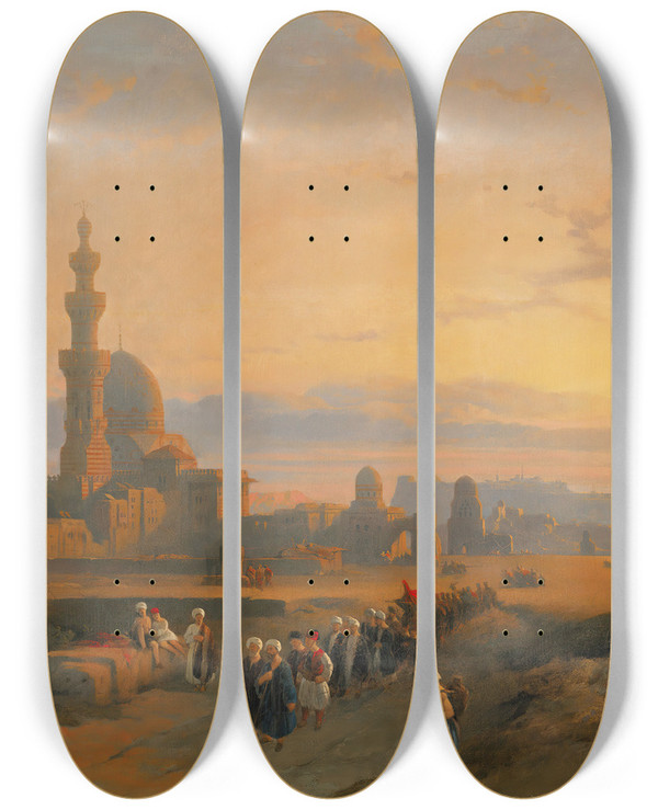 Triptych art skateboard deck of David Roberts Procession Before The Tombs Of The Caliphs Grand Cairo by David Roberts (1796-1864)