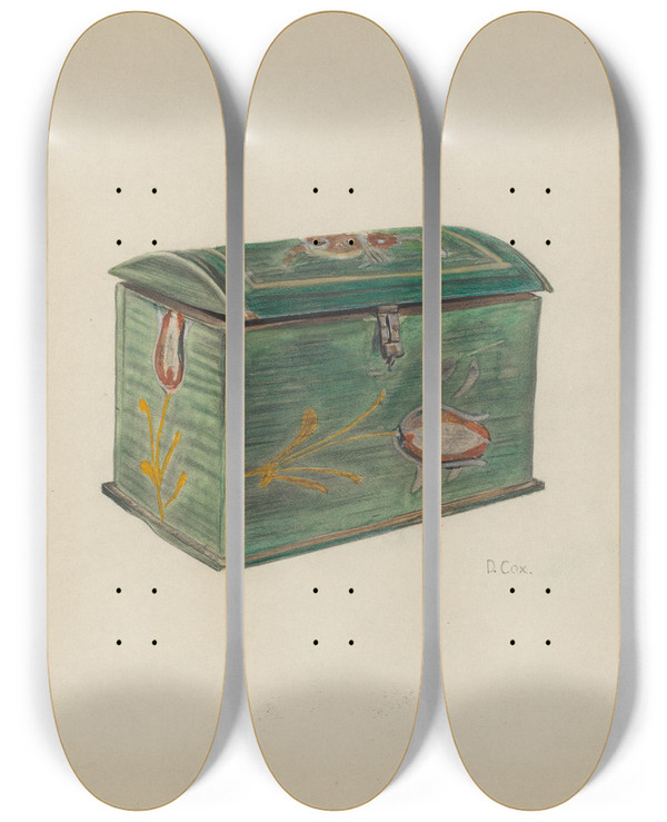 Triptych art skateboard deck of Douglas Cox Painted Box by Douglas Cox