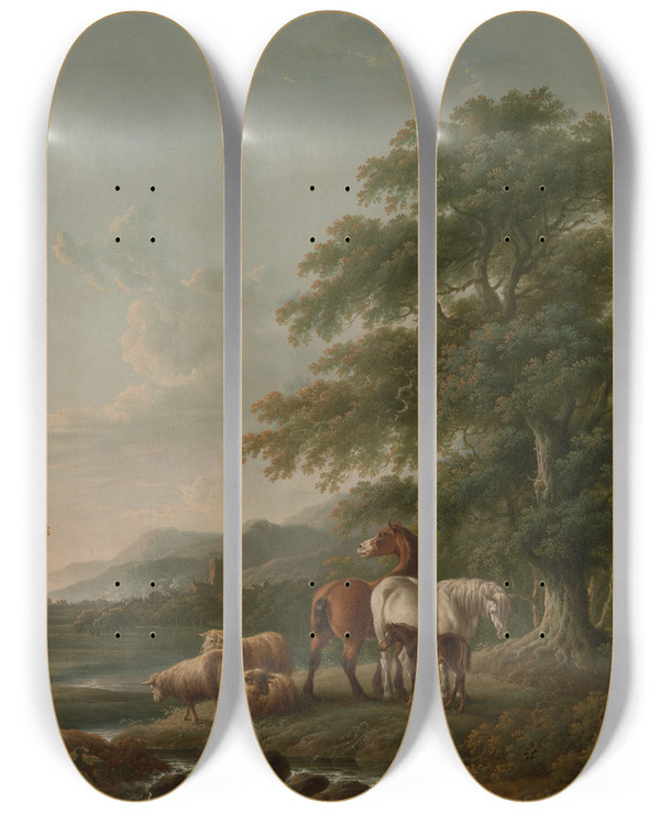 Triptych art skateboard deck of Charles Towne Landscape With A Shepherd by Charles Towne (1763-1840)