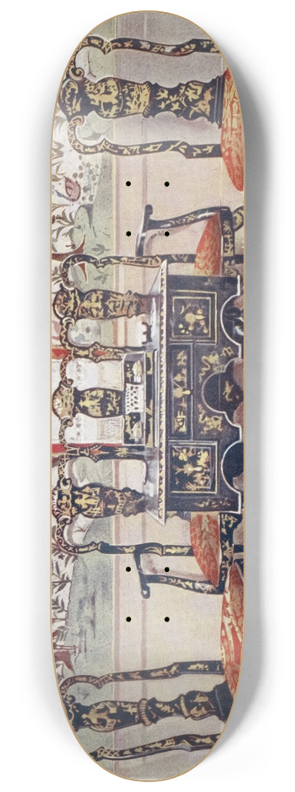 Edwin Foley - Black lacquer settee, chairs and table, red lacquer mirror 8.25 inch art skate deck