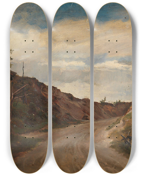 Triptych art skateboard deck of Adolph Tidemand Country Road by Adolph Tidemand (1814-1876)