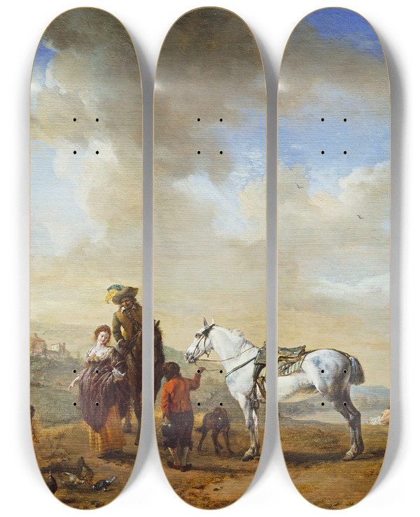 Triptych art skateboard deck of Philips Wouwerman By The Riverside by Philips Wouwerman (1619-1668)