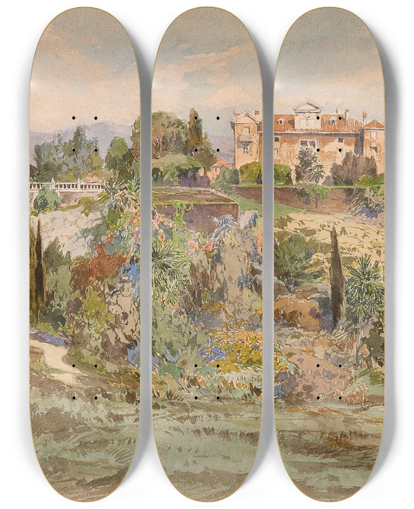 Triptych art skateboard deck of Fritz Lach A View Of Cronberg Castle In Grz Palazzo Coronini In Goricia by Fritz Lach (1868-1933)