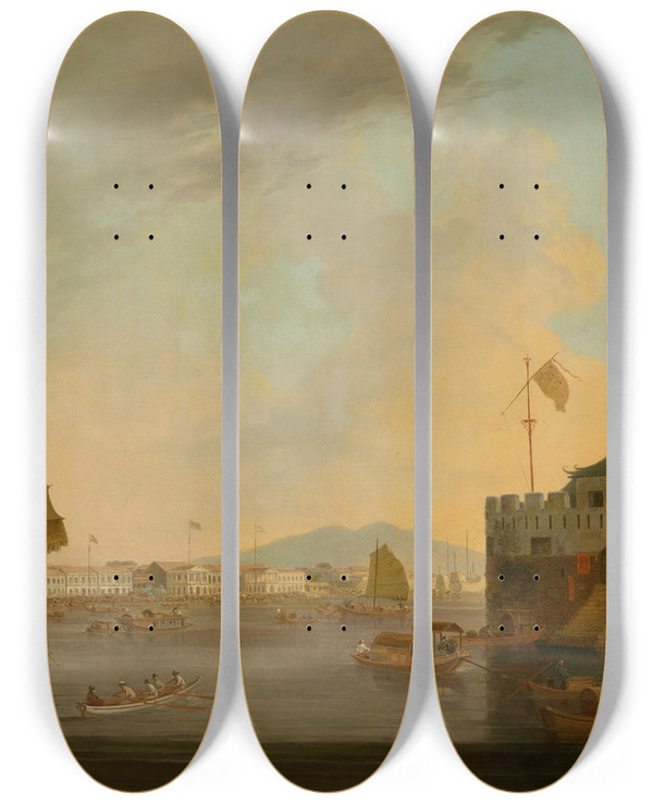 Triptych art skateboard deck of Thomas Daniell The European Factories And Dutch Folly Fort Canton From The Southwest Side Of The Canton River by Thomas Daniell (1749-1840)