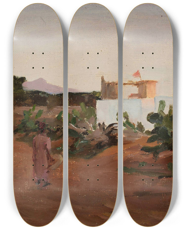 Triptych art skateboard deck of Jan Cigliski Beirut Evening From The Journey To Palestine by Jan Ciaglinski (1858-1913)