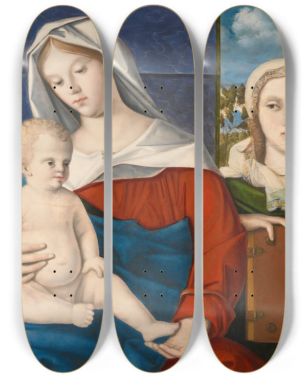Triptych art skateboard deck of Marco Bello A Sacra Conversazione The Madonna And Child With Saint Simeon And A Female Saint by Marco Bello (1470-1523)