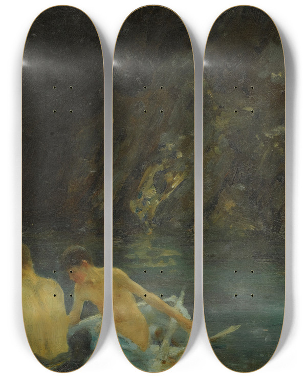 Triptych art skateboard deck of Henry Scott Tuke The Cavern by Henry Scott Tuke (1858-1929)