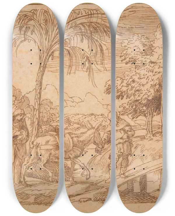 Triptych art skateboard deck of Domenico Campagnola The Flight Into Egypt by Domenico Campagnola (1500-1564)