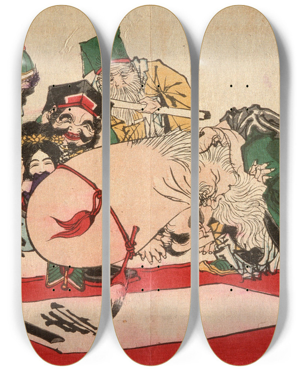 Triptych art skateboard deck of Tsukioka Yoshitoshi Fukurokuju Writing With His Head by Tsukioka Yoshitoshi (1839-1892)