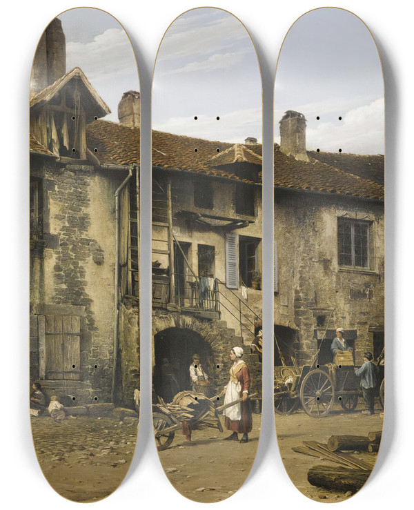 Triptych art skateboard deck of Lon Lgat Le Village by Leon Legat (1829)