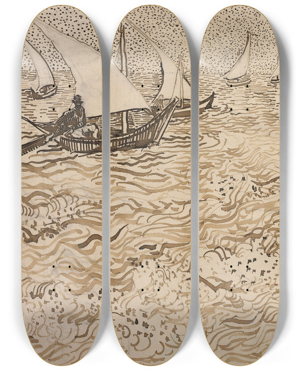 Triptych art skateboard deck of Vincent Van Gogh Boats At Saintesmaries by Vincent van Gogh (1853-1890)
